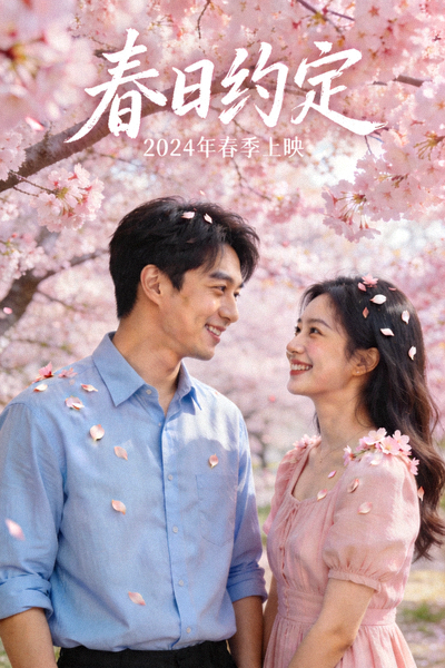 爱情剧《春日约定》海报，男女主角在樱花树下相视而笑