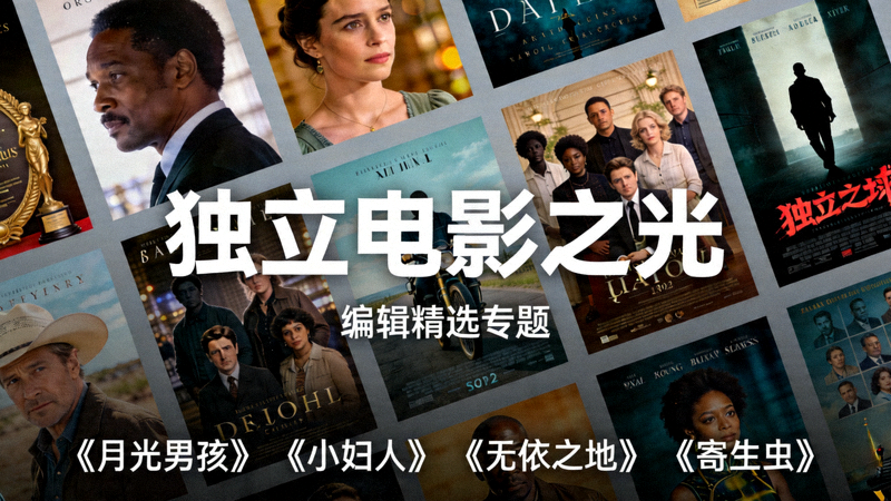 编辑精选专题《独立电影之光》横幅海报，展示多部获奖独立电影的拼接画面