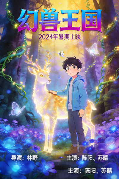 动漫电影《幻兽王国》海报，少年与发光幻兽站在奇幻森林中