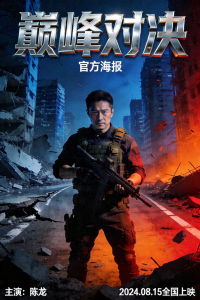 动作电影《巅峰对决》官方海报，主角持枪站在城市废墟中