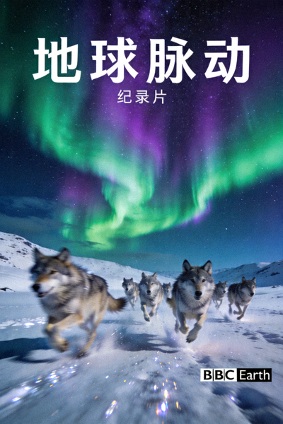 纪录片《地球脉动》海报，壮丽的北极光下奔跑的狼群