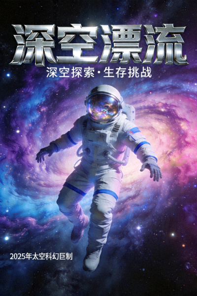 科幻剧《深空漂流》海报，宇航员漂浮在浩瀚的宇宙星云前