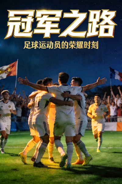 体育纪录片《冠军之路》海报，足球运动员在赛场上庆祝胜利的瞬间