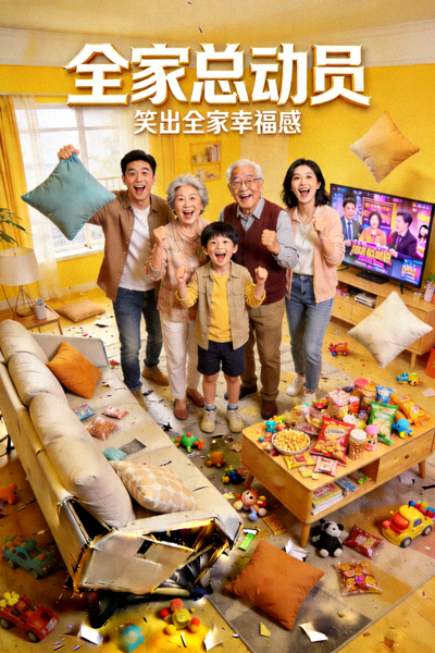 喜剧电影《全家总动员》海报，一家人在混乱的客厅里开怀大笑